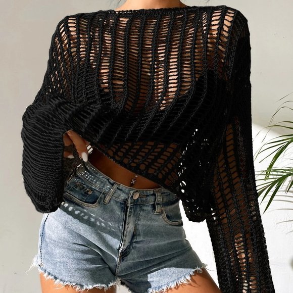 Open Knit Bell Sleeve Sheer Sweater black - Picture 5 of 5